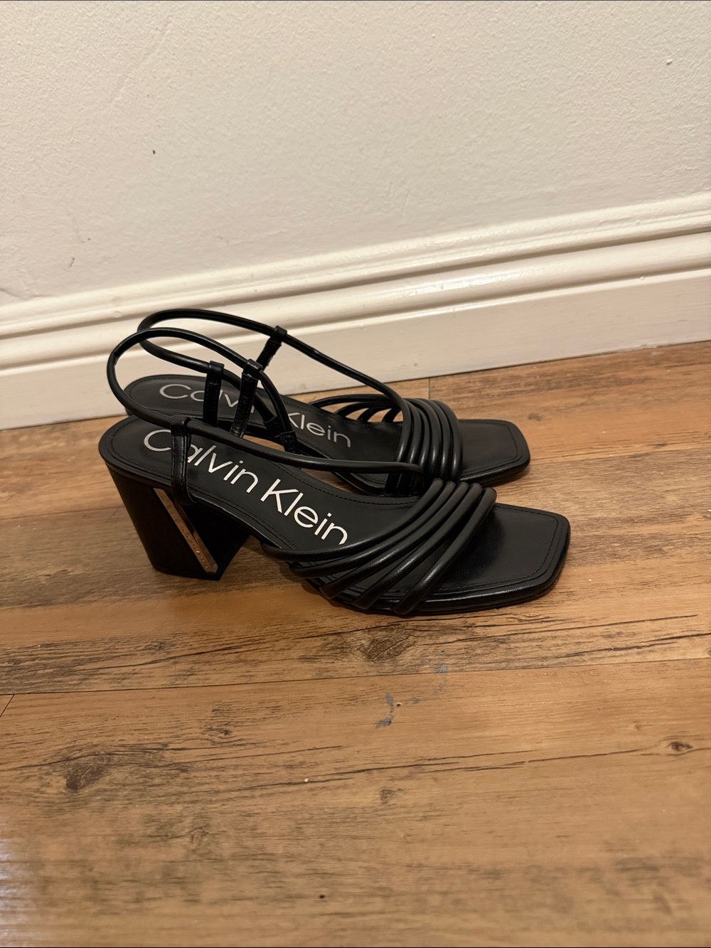 Calvin Klein Black Strappy Square-Toe Block Heels